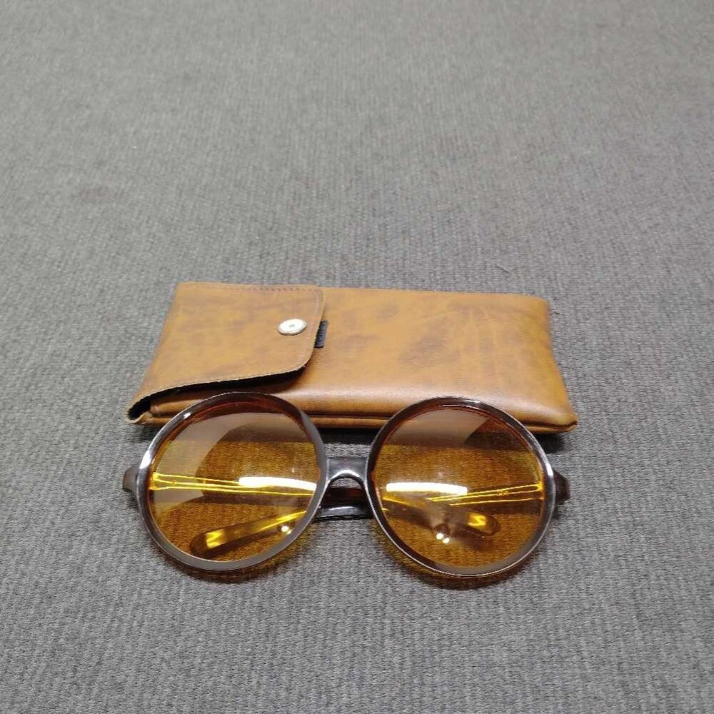 Vintage Amber Round Sunglasses Tortoise Shell Wire Frame Brown Leather Case
